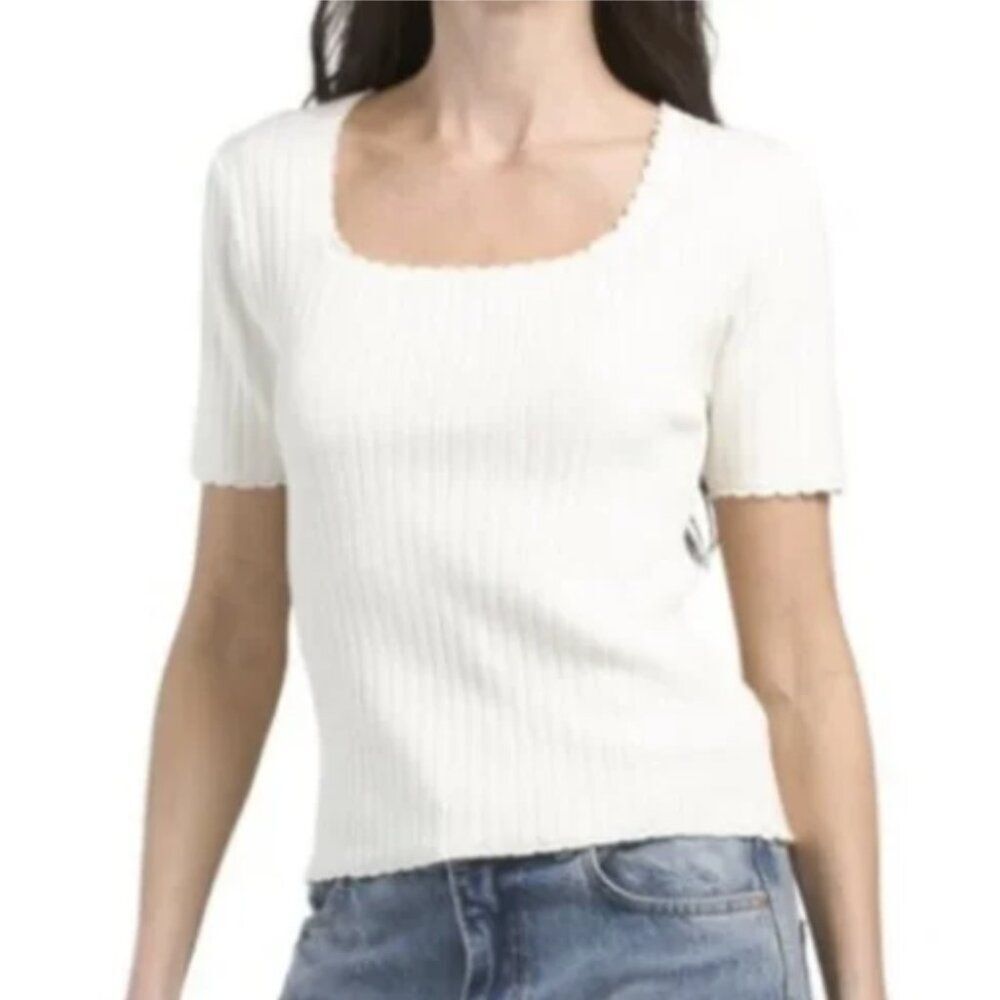 Bailey 44 Coconut Milk Short Sleeve Scalloped Trim Square Neck Top, Size S-New
